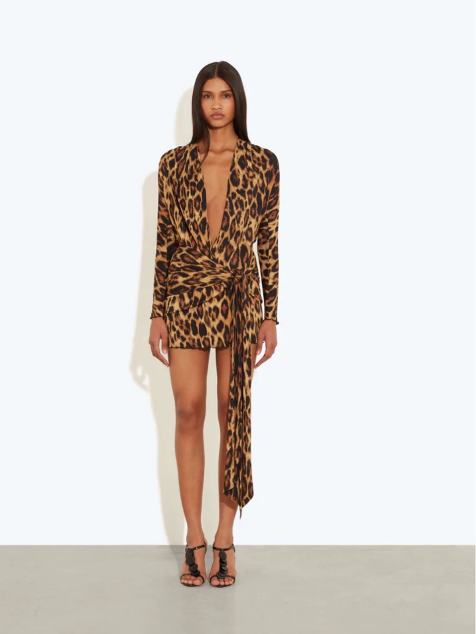 Rat & Boa Sozzani Leopard-Print Wrap Mini Dress In Brown And Black Nwt / S